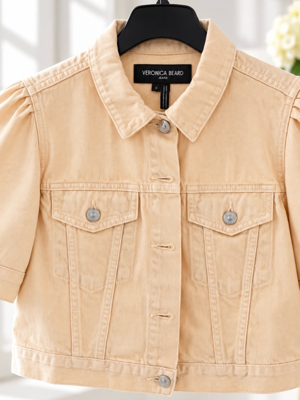 Veronica Beard women Light Beige Denim Jacket with Puff Sleeves